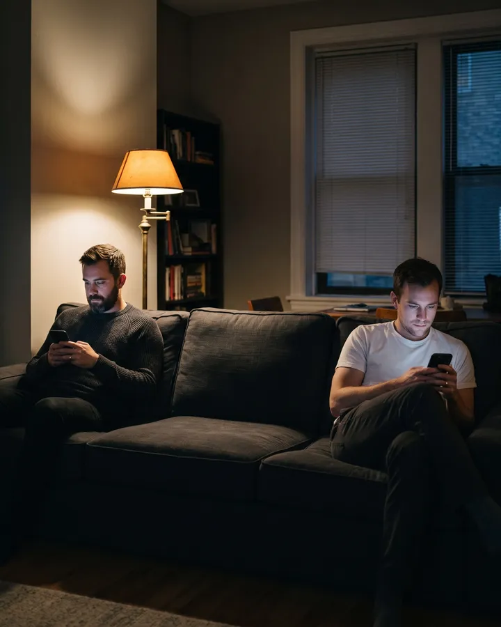 Zwei Männer sitzen abends an den beiden Enden eines dunklen Sofas, jeder schaut in sein Handy, eine Stehlampe wirft warmes Licht, zwischen ihnen bleibt ein Polster frei