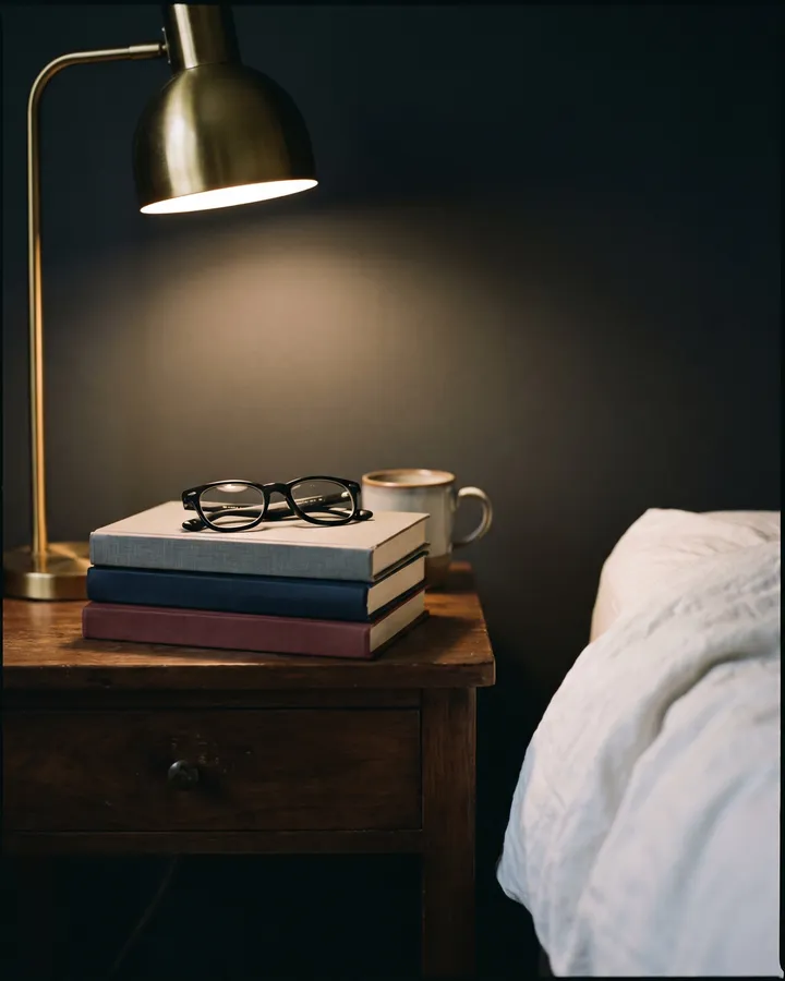 Drei Bücher mit Lesebrille auf einem Nachttisch aus dunklem Holz, daneben eine Messinglampe, eine Tasse und die Bettkante, warmes Abendlicht